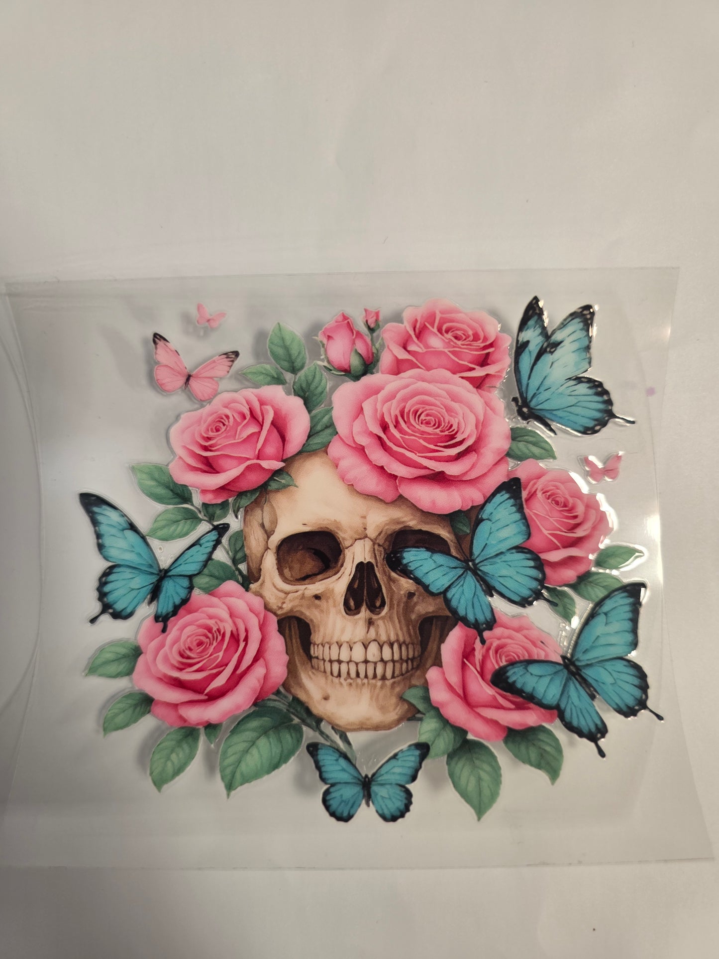 #4 skull pink rose blue butterflies