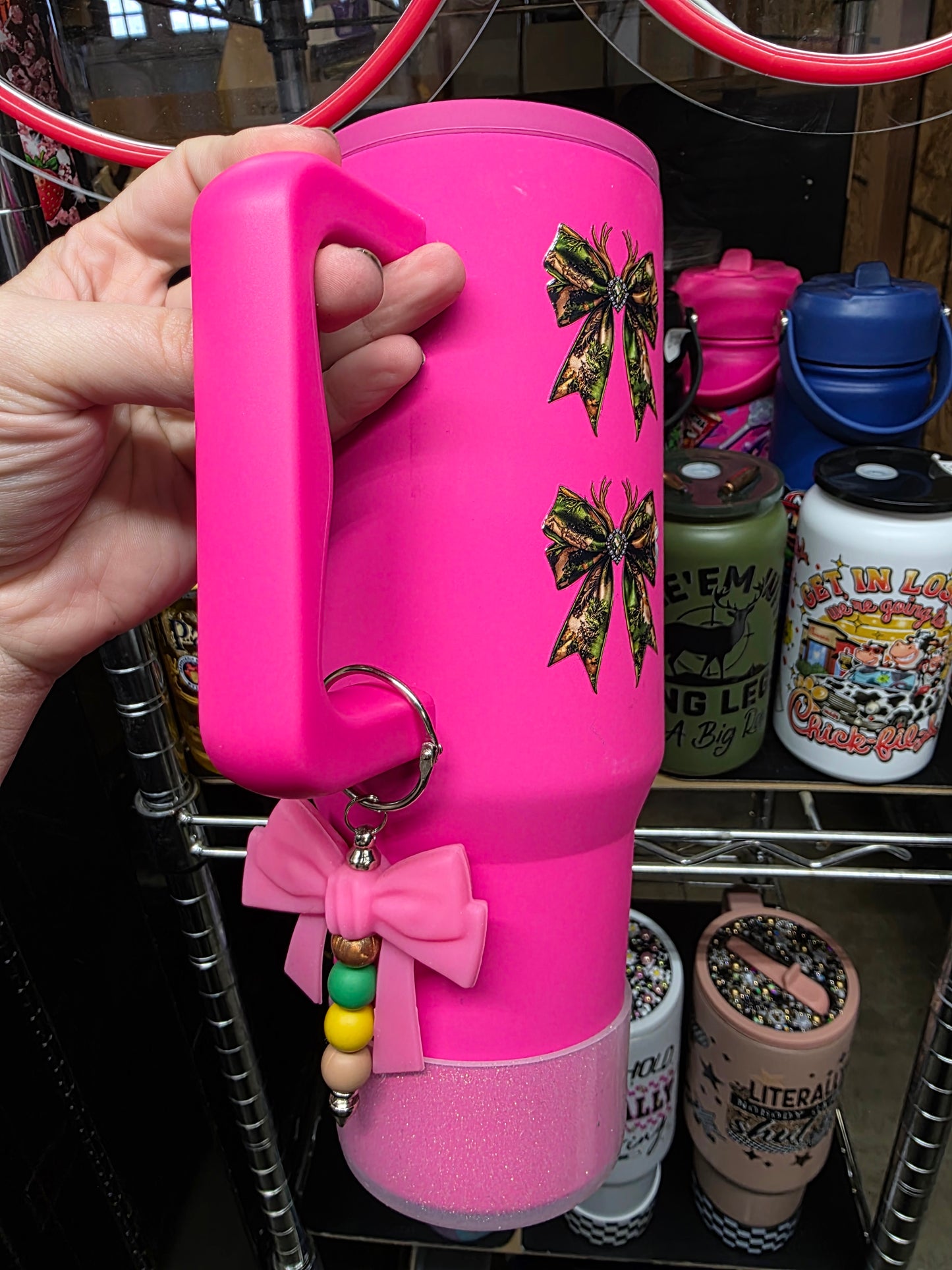 Pink hunting 40oz stainless tumbler w/ lid, boot and charm