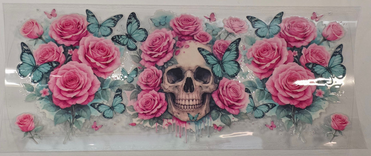 #10 skull pink roses butterflies